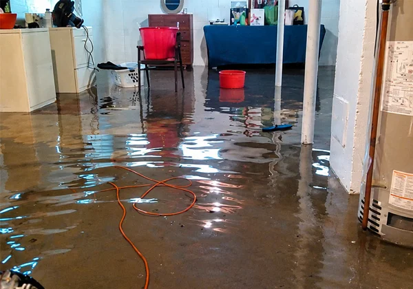 Flooded basement with standing water requiring professional cleanup