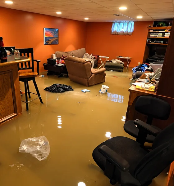 Finished basement flooded with standing water after water damage