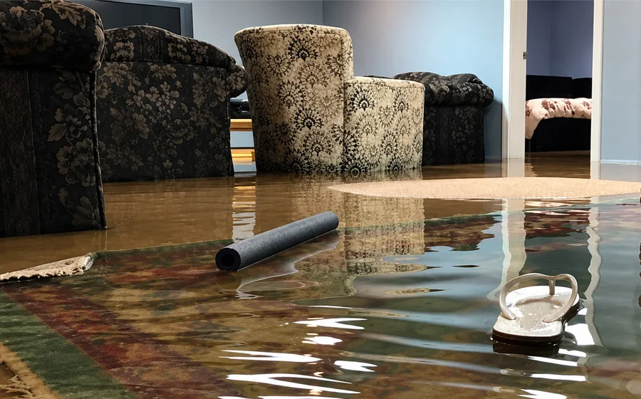 Flooded residential living room requiring emergency water extraction