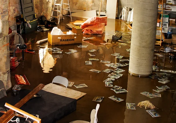 Large flooded interior requiring water damage restoration