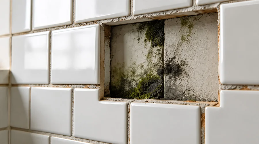 Hidden mold discovered behind bathroom wall tiles
